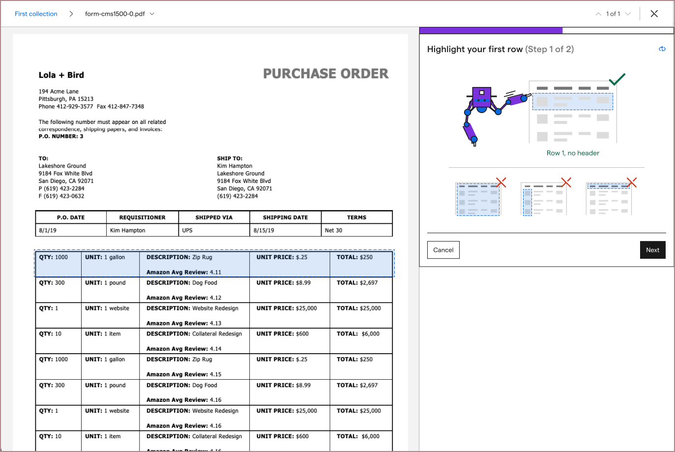 First part of an iteration asking the user to select their first row before configuring