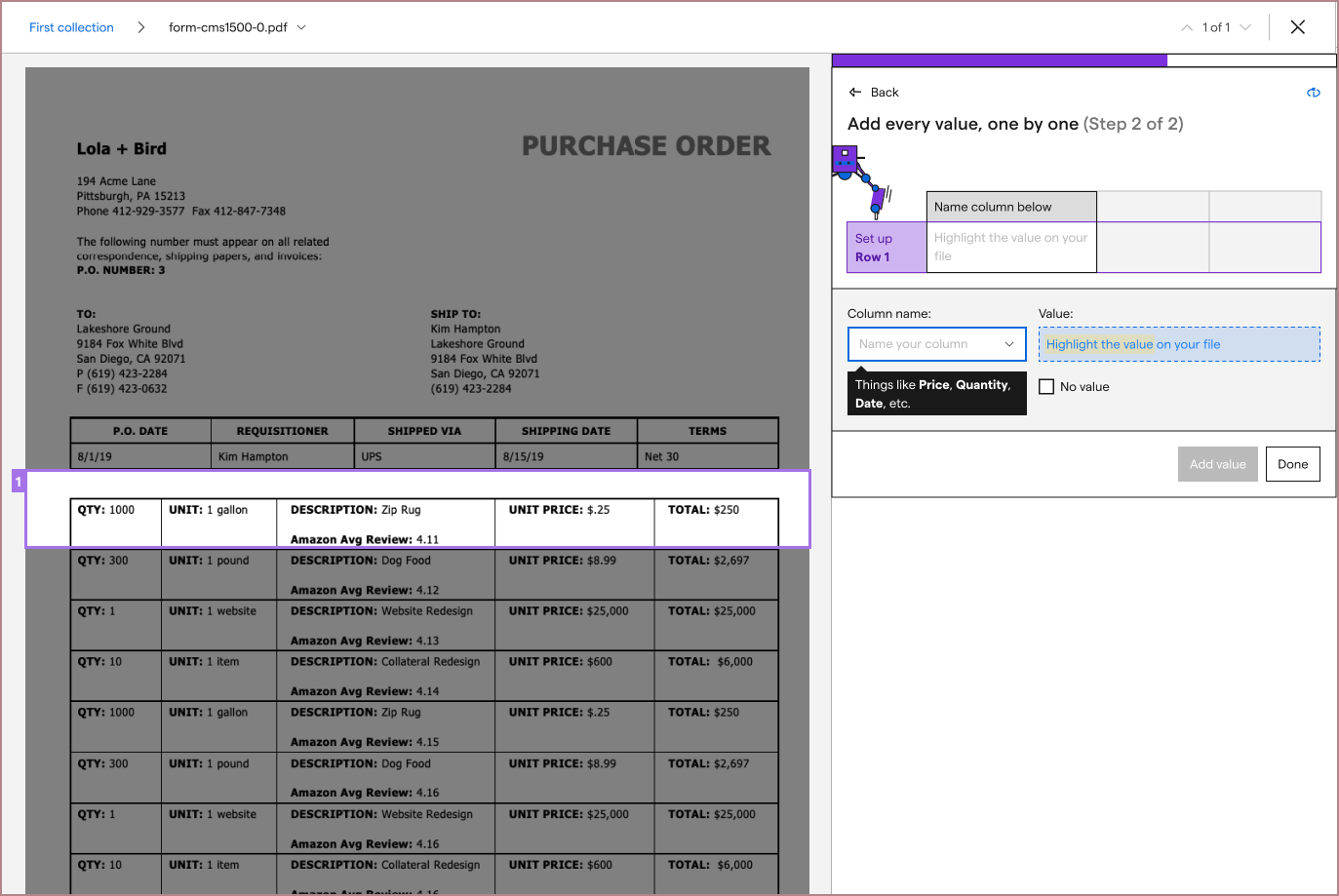 Second part of an iteration asking the user to select their first row before configuring