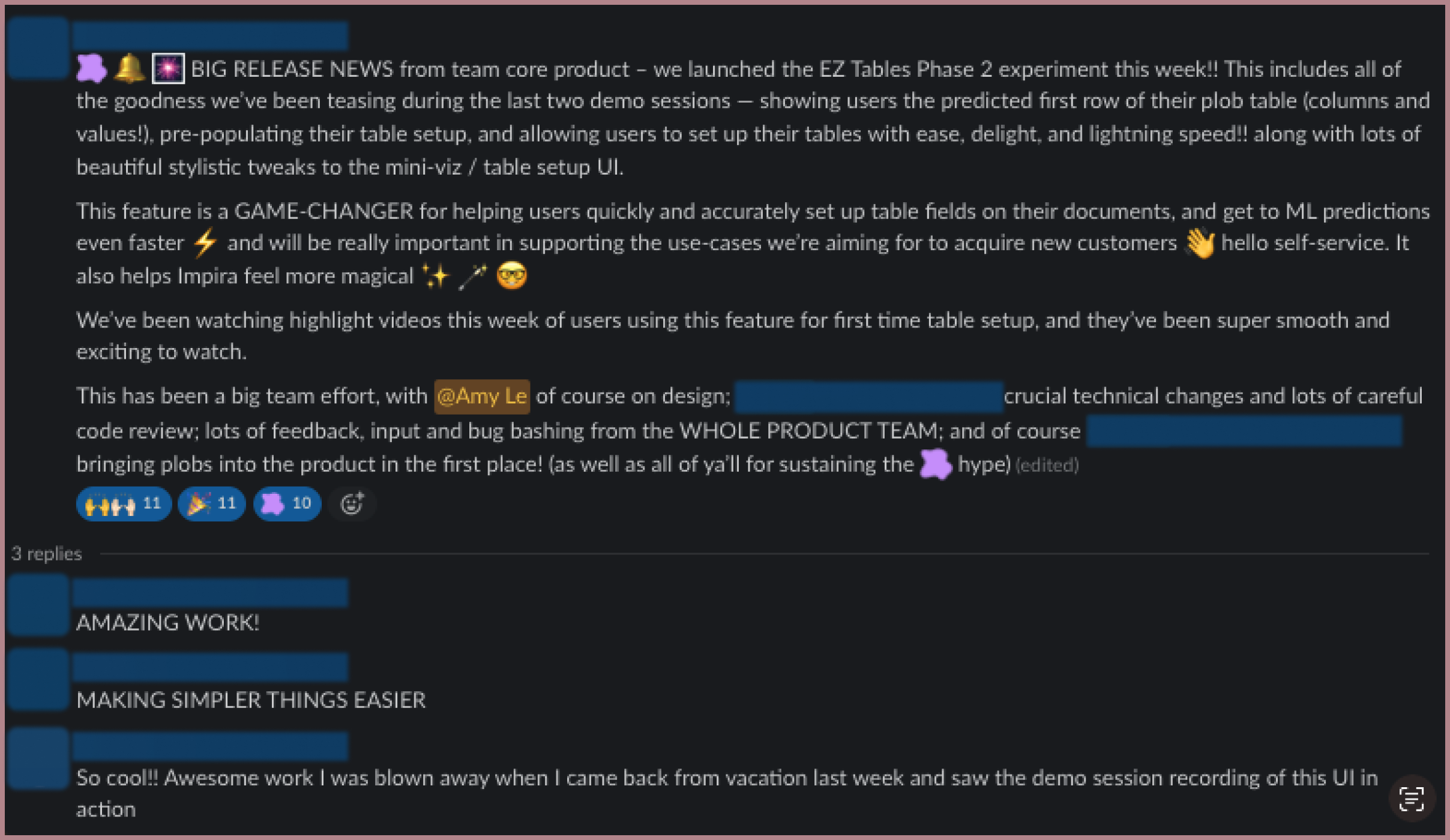 Screenshot of a Slack table iteration release announcement